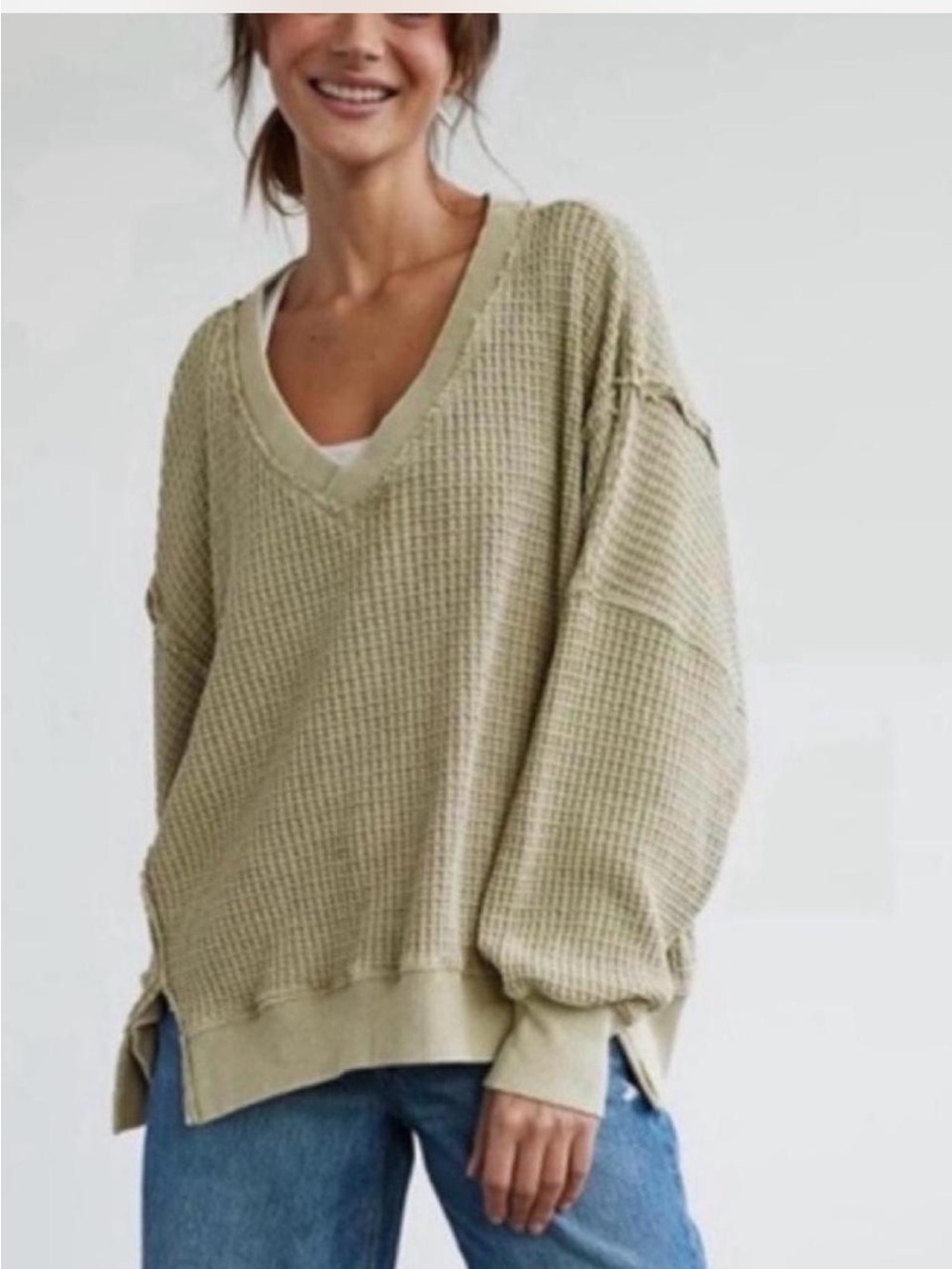 American Eagle Seriously Lived In Waffle Knit Thermal Oversized Top Size L